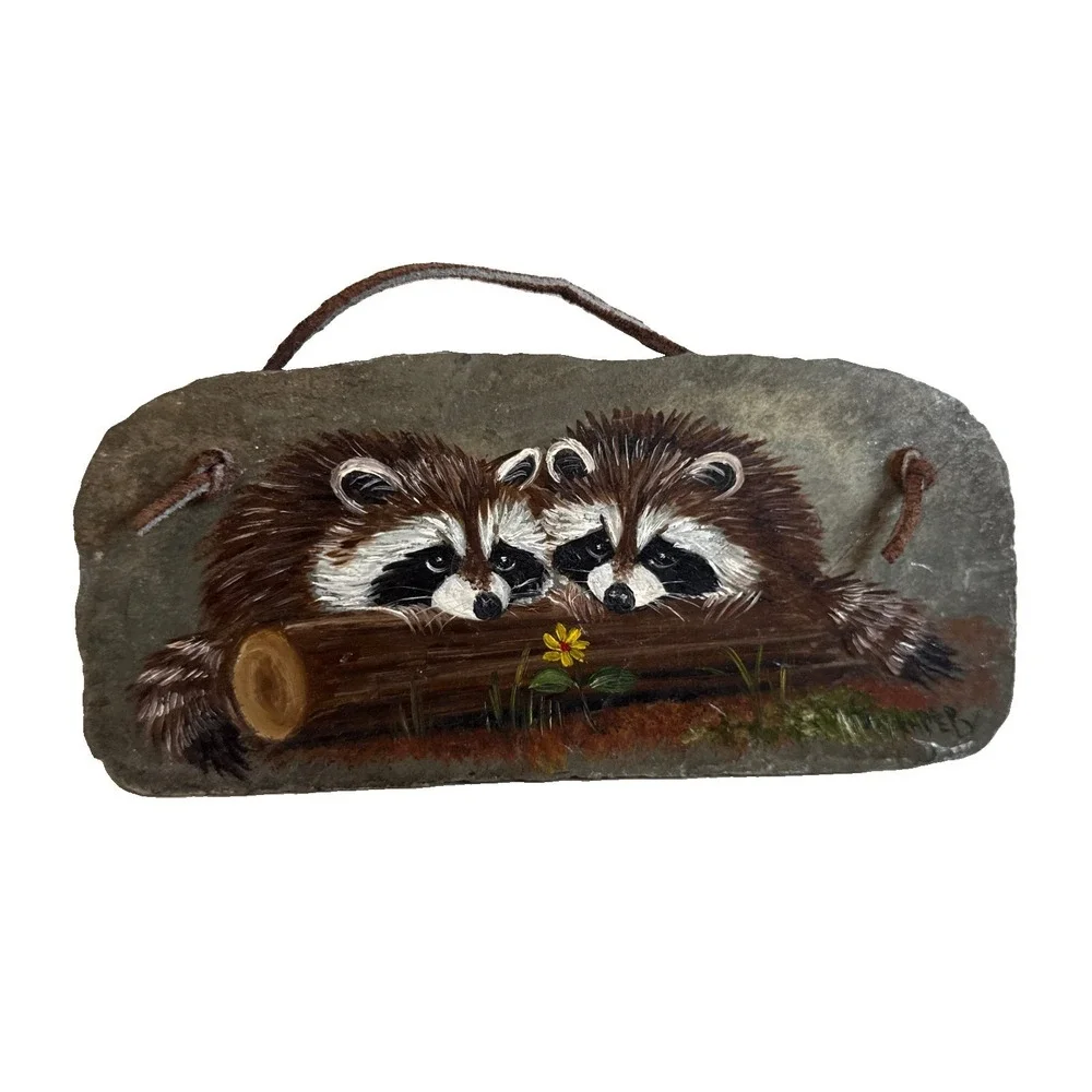 Vintage Mary Beth Alexander Raccoon Painted Slate Stone Wildlife Wall Art Plaque